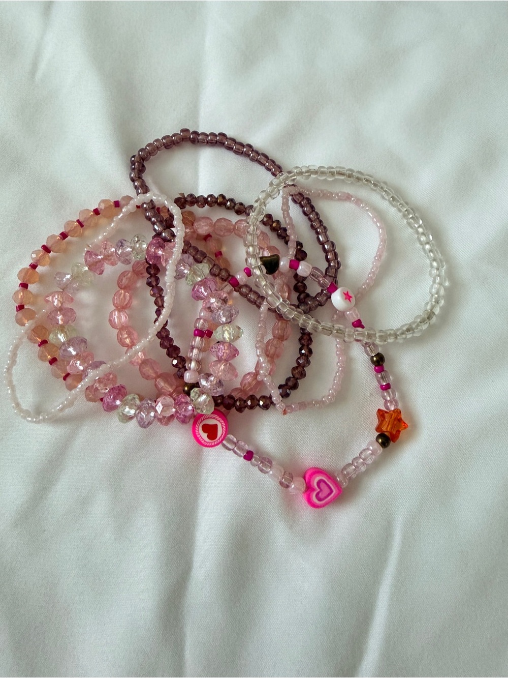 Pink Beaded Heart Charm Bracelet Set for Women